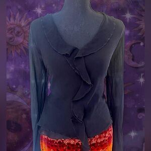Vintage Chelsea & Violet Black Ruffle Blouse Women’s Mediun Y2K Bell Sleeve